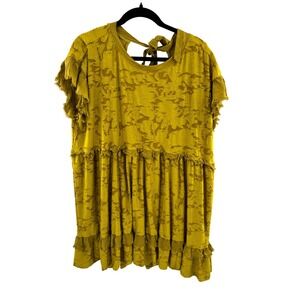 Anthropologie Mustard Yellow Burnout Floral Babydoll Tie Back Top Dress Size 1X